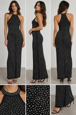 San Joy Black Rhinestone Halter Maxi Dress Size L Y2K McBling Bodycon